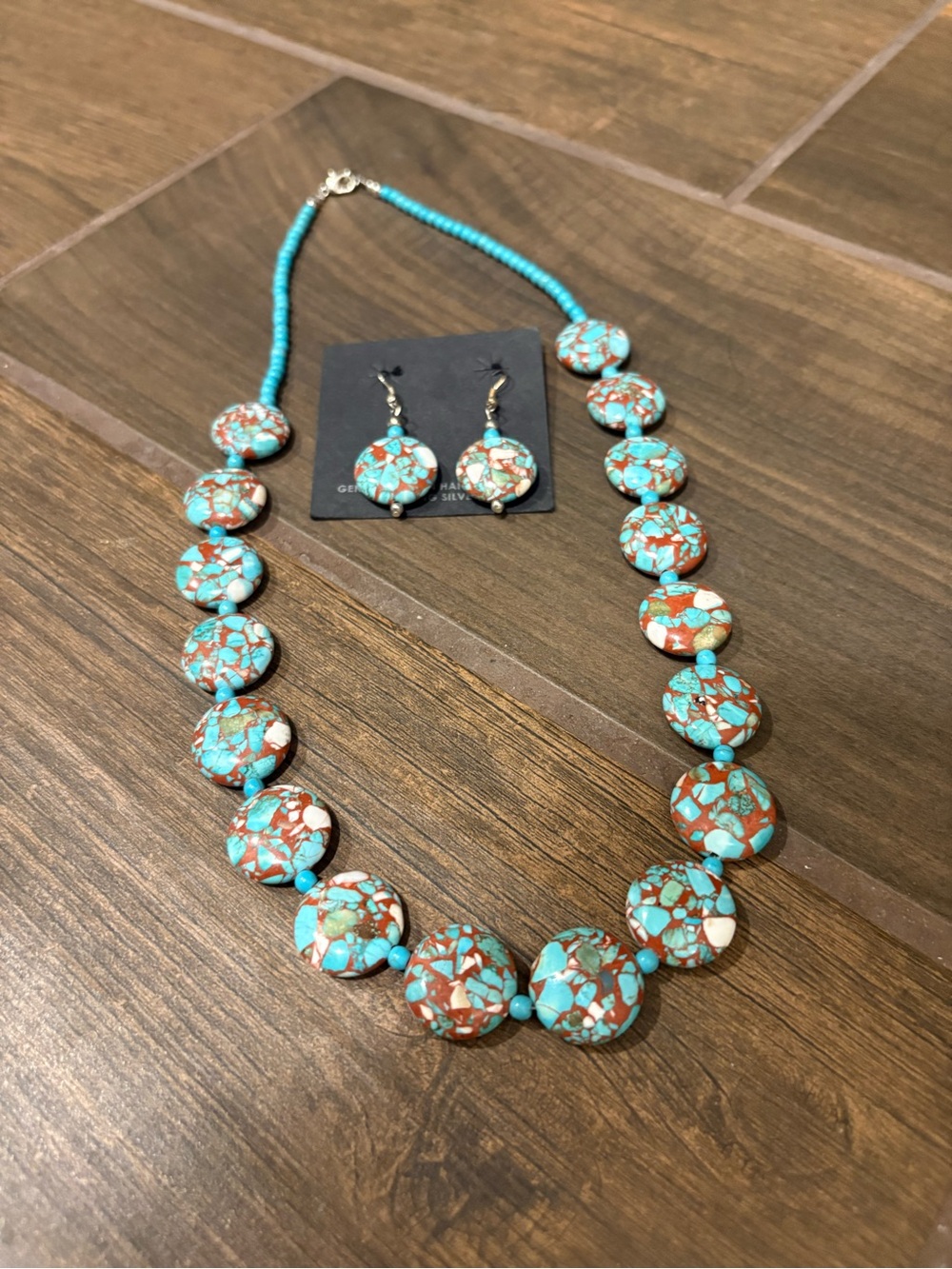 Turquoise and Red Mosaic Stone Necklace & Earring Set